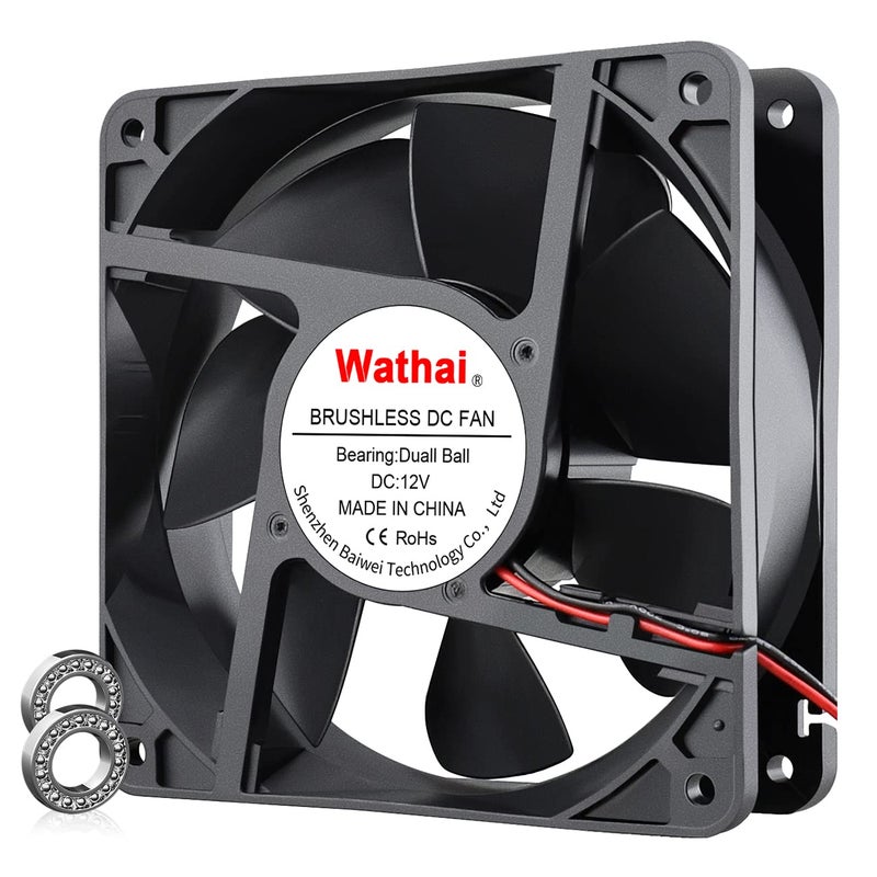 Wathai 120mm x120 x 38mm 12V 2Pin Dual Ball 12cm Industrial Cooling Fan High Airflow - Image 1